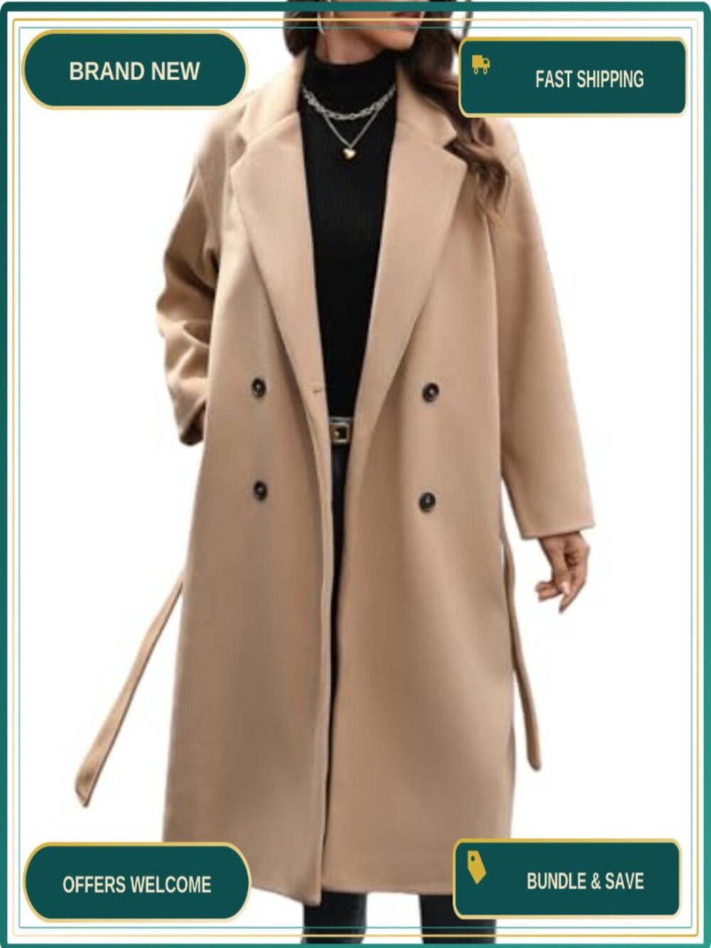 Wool Blend Double Breasted Notch Lapel Long Trench Peacoat